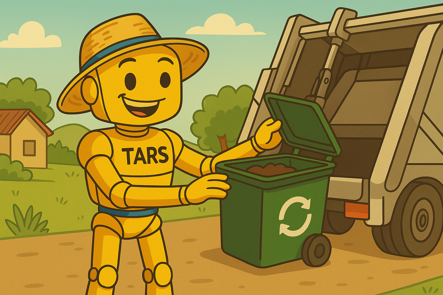 Mascotte Tars en train de collecter les biodéchets devant un camion